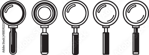 Five black and white magnifying glasses with different circular patterns inside also transparent background