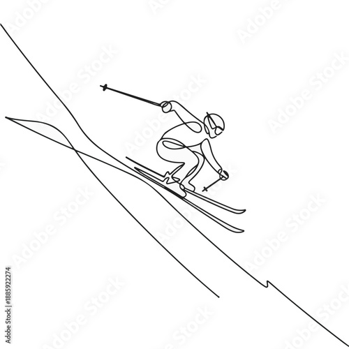 Continuous Line Skier Downhill, Minimal Skiing Sport Vector Illustration