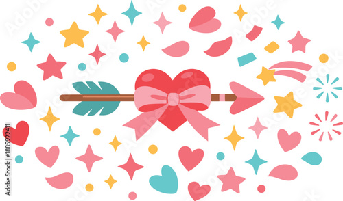 Romantic Arrow Emblem. Arrow and heart emblem with feathered shaft and ribbon knot floating among sparkles, tiny stars, confetti