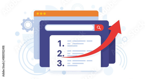 Growth in Search Rankings: Digital Marketing Illustration With Search Bar, Lists, and Upward Arrow