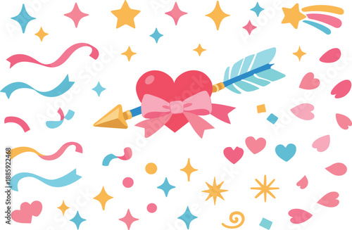 Romantic Arrow Emblem. Arrow and heart emblem with feathered shaft and ribbon knot floating among sparkles, tiny stars, confetti