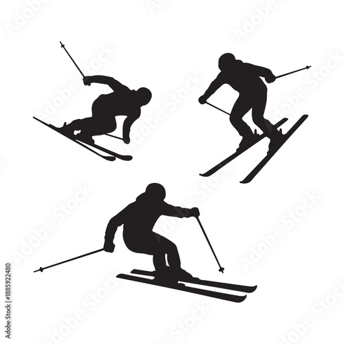 Skier Action Silhouettes Set Winter Sports Vector Illustration
