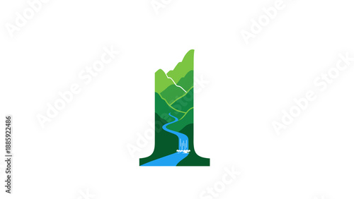 Stylized Number One as a Green Nature Landscape with River