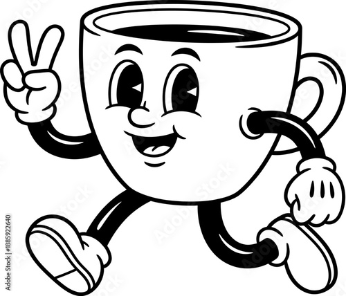 Cute Retro Coffee Cup Mascot Cartoon Character with Peace Sign – Black and White Vector Illustration