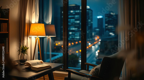 A tranquil room scene features a lighted table with an open book, a coffee mug, and a lamp, against a window overlooking a cityscape.