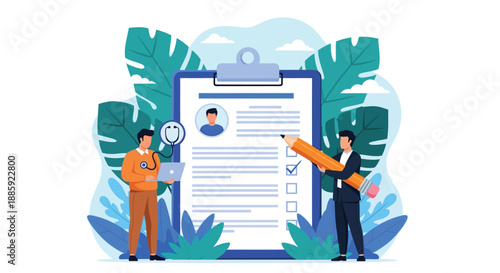 Medical Team Conducting Patient Assessment With Clipboard And Large Checklist On Outdoor Desk