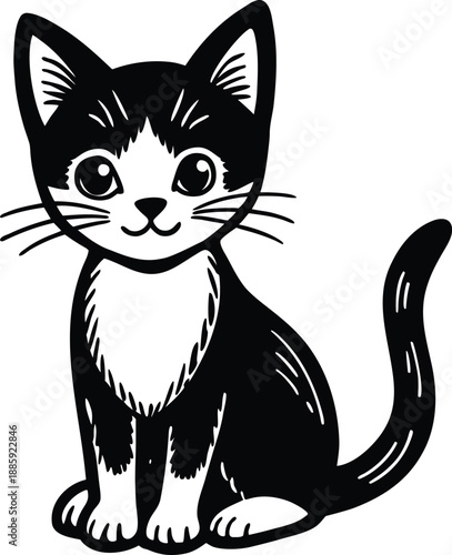 cute kitten black and white cartoon illustration isolated