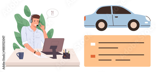 Call center, customer support, automotive services, communication, problem-solving, workflow management. A man with a headset works at a desk with a car and list graphic. Call center and automotive