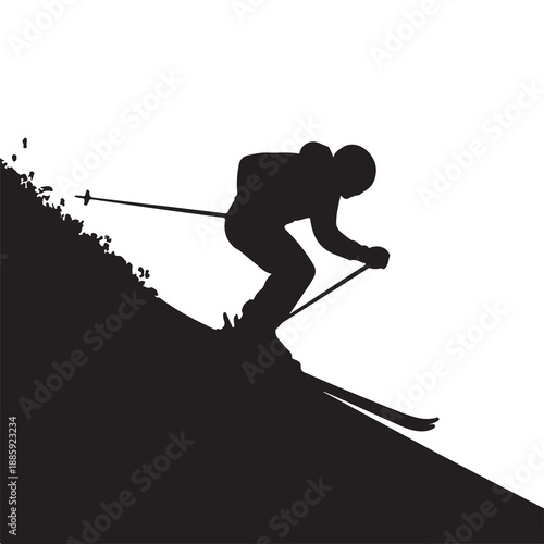 Downhill Skier Silhouette on Steep Slope with Snow Spray Vector