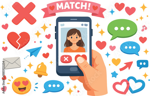 Swipe to Connect. Thumb hovers over a heart button on a swipe deck of profiles, with X icon, match banner, chat bubble and
