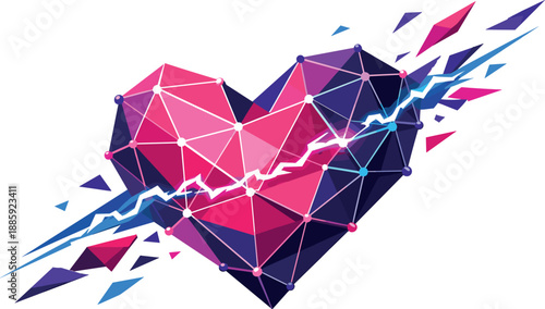 Digital Polygon Heart. Low-poly vector illustration of digital love concept showing a heart built from connected polygons and