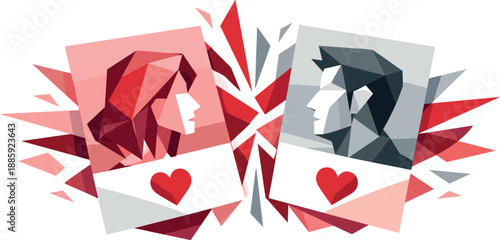 Digital Romance Geometry. Low-poly vector illustration of swipe match interaction representing modern dating and digital romance,