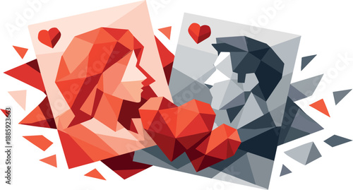 Geometric Love Profiles. Low-poly vector illustration of a dating love profile concept symbolizing attraction and compatibility,
