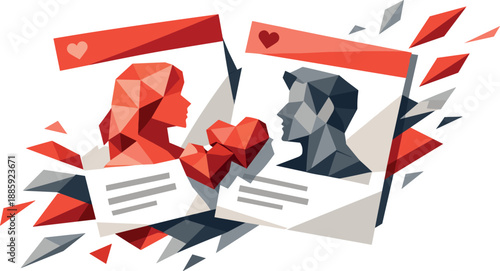 Geometric Love Profiles. Low-poly vector illustration of a dating love profile concept symbolizing attraction and compatibility,