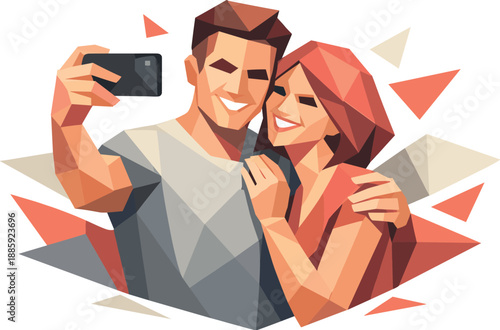 Modern Couple Selfie. Low-poly vector illustration of a modern couple taking selfies together representing love, happiness, and