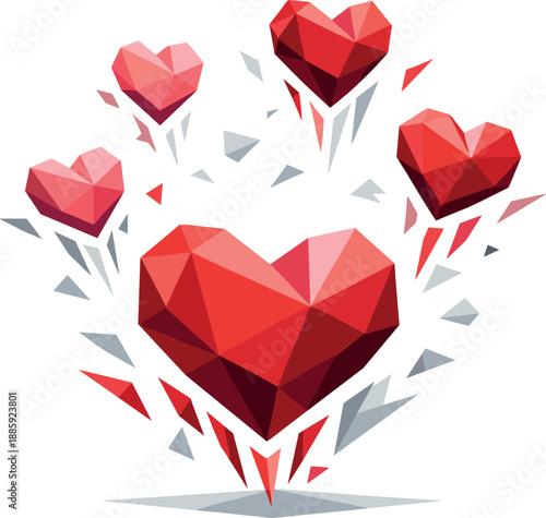 Polygonal Heart Icons. Low-poly vector illustration of heart reactions symbolizing emotional responses and social media engagement