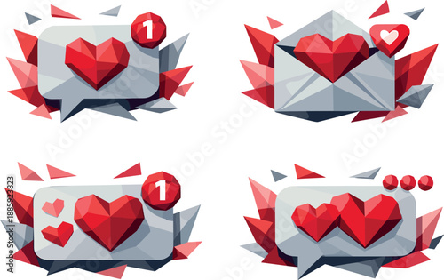 Geometric Love Notifications. Low-poly vector illustration of romantic notification icons representing love messages and emotional