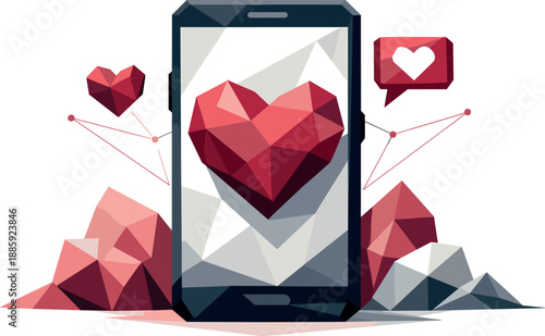 Digital Crush Art. Low-poly vector illustration of online crush emotion representing liking, admiration, and digital interaction,