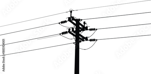 Electric power distribution pole silhouette vector illustration with overhead transmission lines utility infrastructure isolated black energy concept design