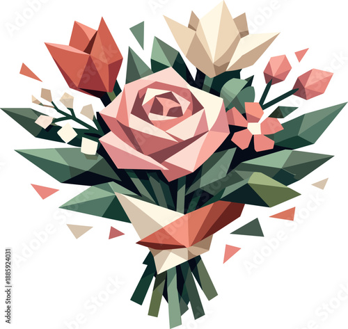 Modern Bouquet Art. Low-poly vector illustration of a modern bouquet symbolizing contemporary romance and elegant celebration,