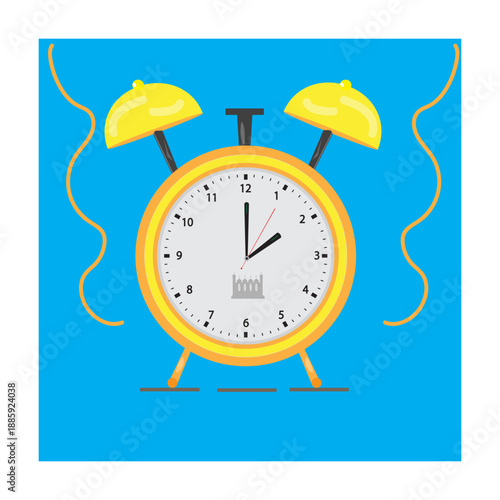 Professiona classic retro alarm clock with metal bells and a white face is isolated on a blue background as a vintage morning reminder of time and a ringing wake up call for an approaching deadline. 