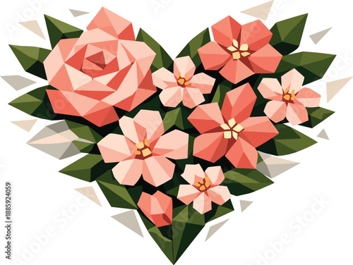 Floral Geometric Heart. Low-poly vector illustration of floral heart shapes representing love, harmony, and natural beauty,