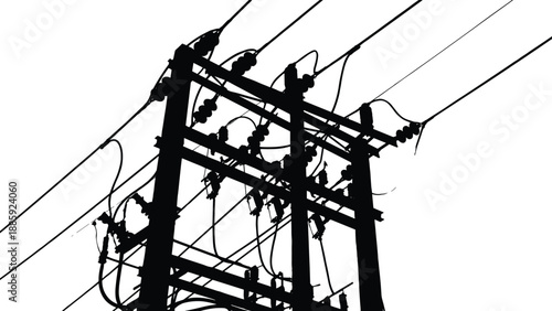Electric power distribution pole vector illustration with overhead cables isolated on white background industrial electricity infrastructure silhouette design