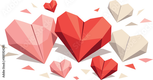 Geometric Paper Hearts. Low-poly vector illustration of paper hearts symbolizing handmade love and gentle affection, polygonal