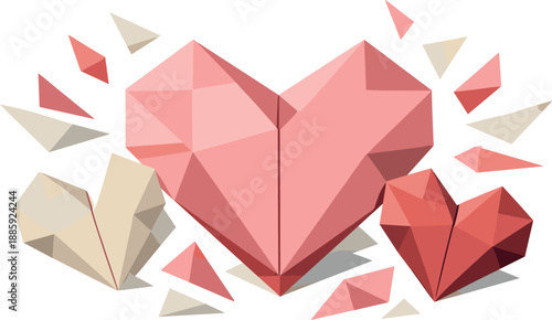 Origami Heart Precision. Low-poly vector illustration focused on origami heart shapes representing DIY affection and emotional