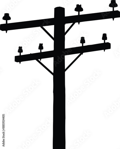 Electric utility power pole silhouette vector illustration with crossarms insulators overhead lines energy infrastructure isolated black minimal design