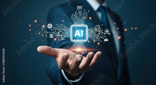 Businessman hand holding glowing artificial intelligence AI chip with circuit lines and digital icons