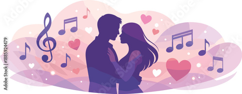 Musical Love Silhouettes. Minimal music romance composition highlighting couple silhouettes with floating musical symbols, hearts,
