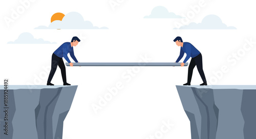 Two workers stand on opposite cliffs, passing a long plank to bridge a widening gap. This image embodies teamwork, collaboration, trust, and effort to connect and achieve a common goal.
