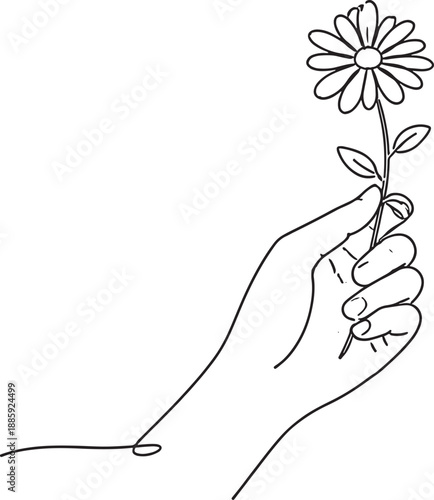 line drawing of a hand holding a flower