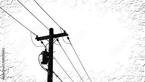 Electric utility power pole silhouette vector illustration with overhead lines textured background energy infrastructure industrial concept isolated black design
