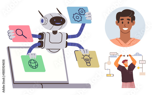 Artificial intelligence, productivity, innovation, organization, decision-making, workflow optimization. Robot managing tasks on a laptop, a person and a process flowchart. AI and productivity