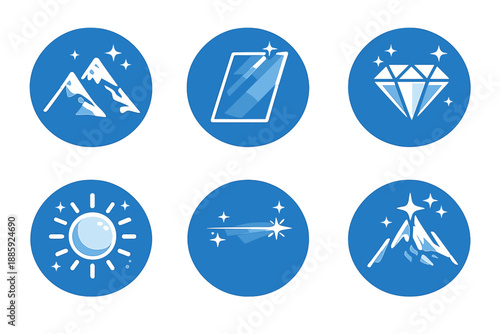 Transparency Power Icons. Solid style round vector icons of transparency in power: mountain, glass pane, diamond, sun, line glow,