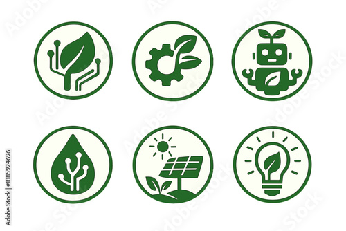 Organic Technology Icons. Solid style round vector icons of organic technology: leaf, gear, robot, droplet, solar panel, bulb No