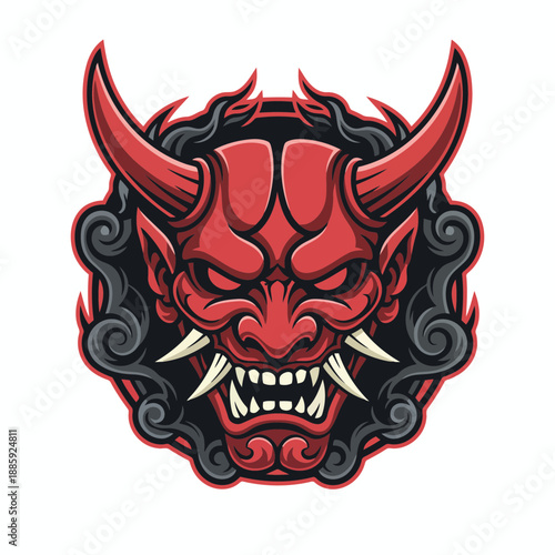 Fierce red demon face with sharp horns and teeth