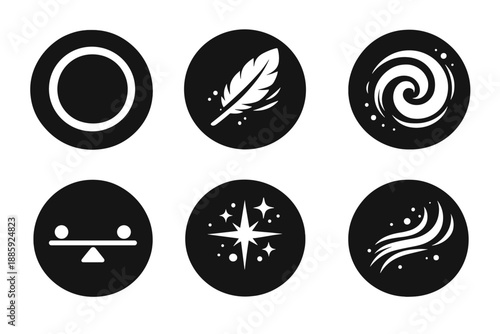 Refined Motion Icons. Solid style round vector icons of refined motion: circle, feather, swirl, balance line, spark, drift No text