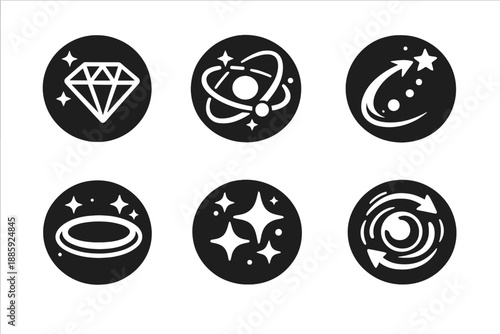 Dynamic Vector Icons. Solid style round vector icons of graceful dynamics: gem, orbitline, path arc, halo, shimmer, rotation No