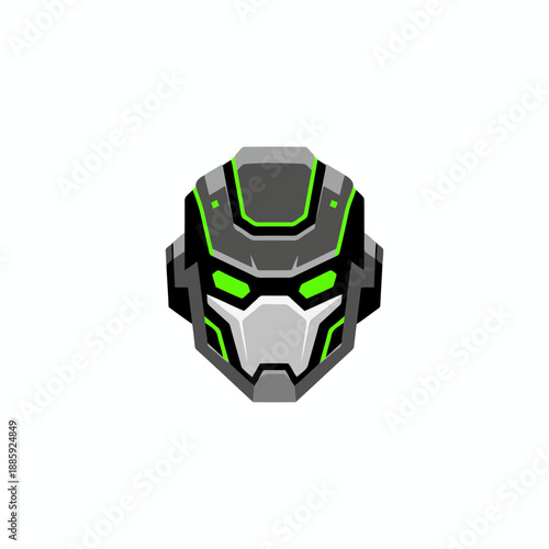 Futuristic robot head with glowing green eyes