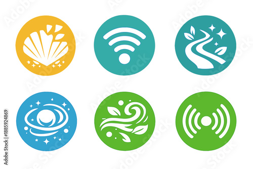 Eco Icons Collection. Solid style round vector icons of environmental link: shellpiece, signal, curve, aura, breeze, communication