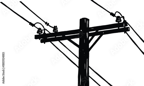 Electric utility power pole vector illustration with ceramic insulators and angled overhead transmission wires isolated on white background