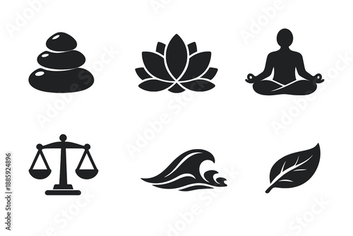 Mindful Balance Icons. Solid style icons of mindful balance: stacked stones, lotus flower, meditation pose, balance scale, calm