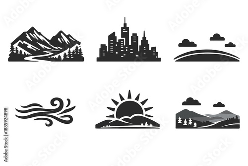 Imaginary Landscape Icons. Solid style icons of landscape imagination: valley, skyline, horizon curve, wind line, glowing sun,