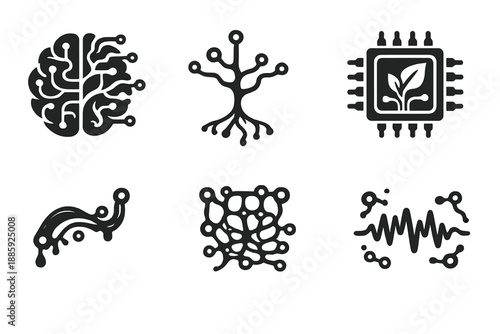 Organic Computing Icons. Solid style icons of organic computing: neural circuit, branching node, biochip, fluid wire, organic grid