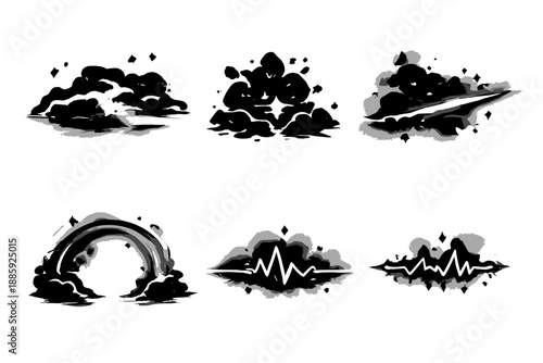 Concealed Energy Icons. Solid style icons of concealed energy: fog veil, hidden spark, thread beam, mist arc, pulse wave, flicker