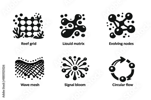 Adaptive System Icons. Solid style icons of adaptive systems: reef grid, liquid matrix, evolving nodes, wave mesh, signal bloom,