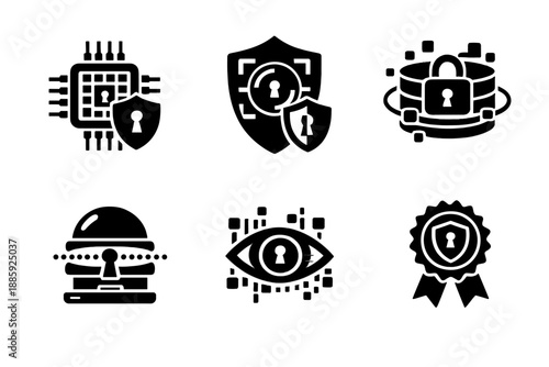 Secure Visualization Icons. Solid style icons of secure visualization: bytefield core, lensgate focus, encrypted layer, scanning